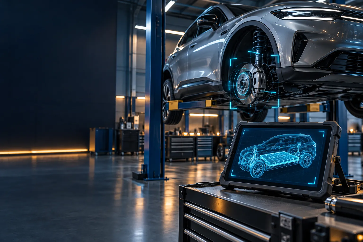 Automotive equipment with a training device showing its 3D model