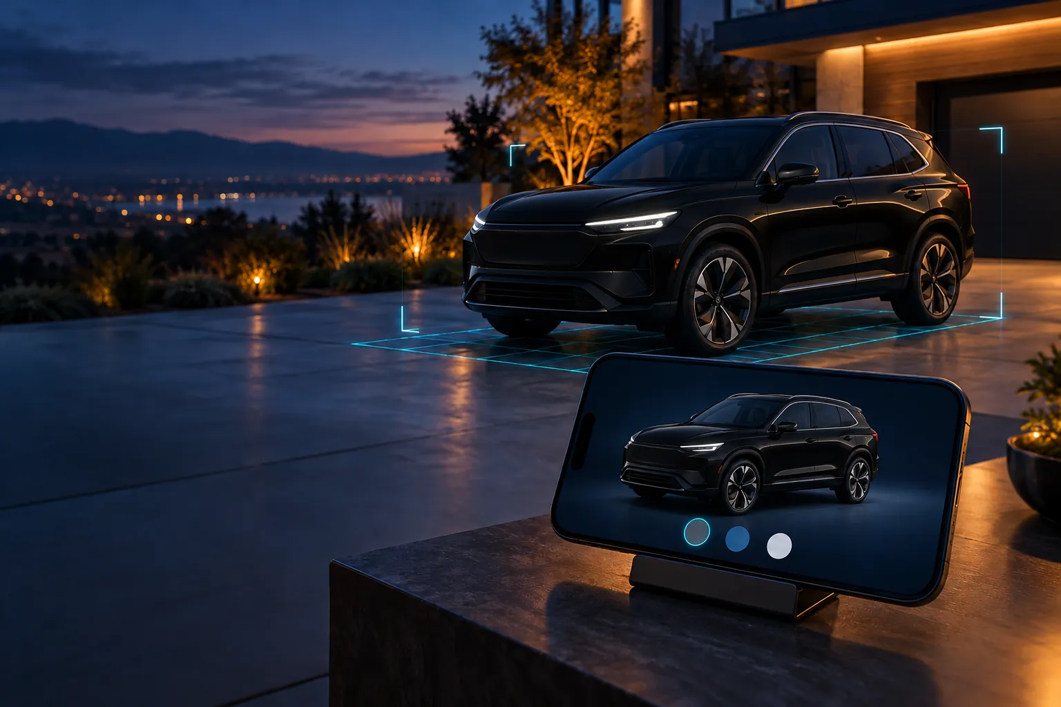 An SUV in midnight black, on a driveway and on a phone configurator