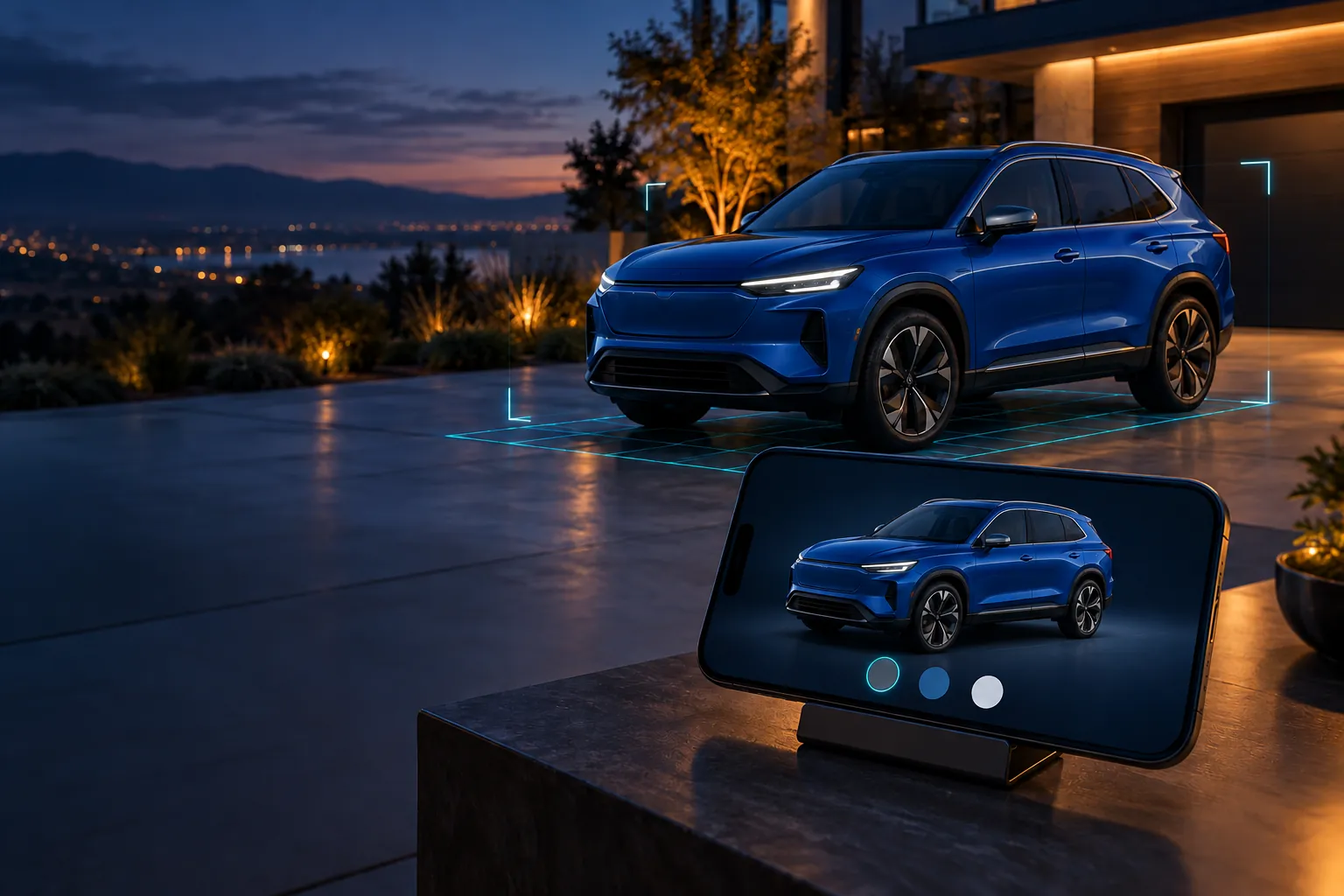 An SUV in ocean blue, on a driveway and on a phone configurator