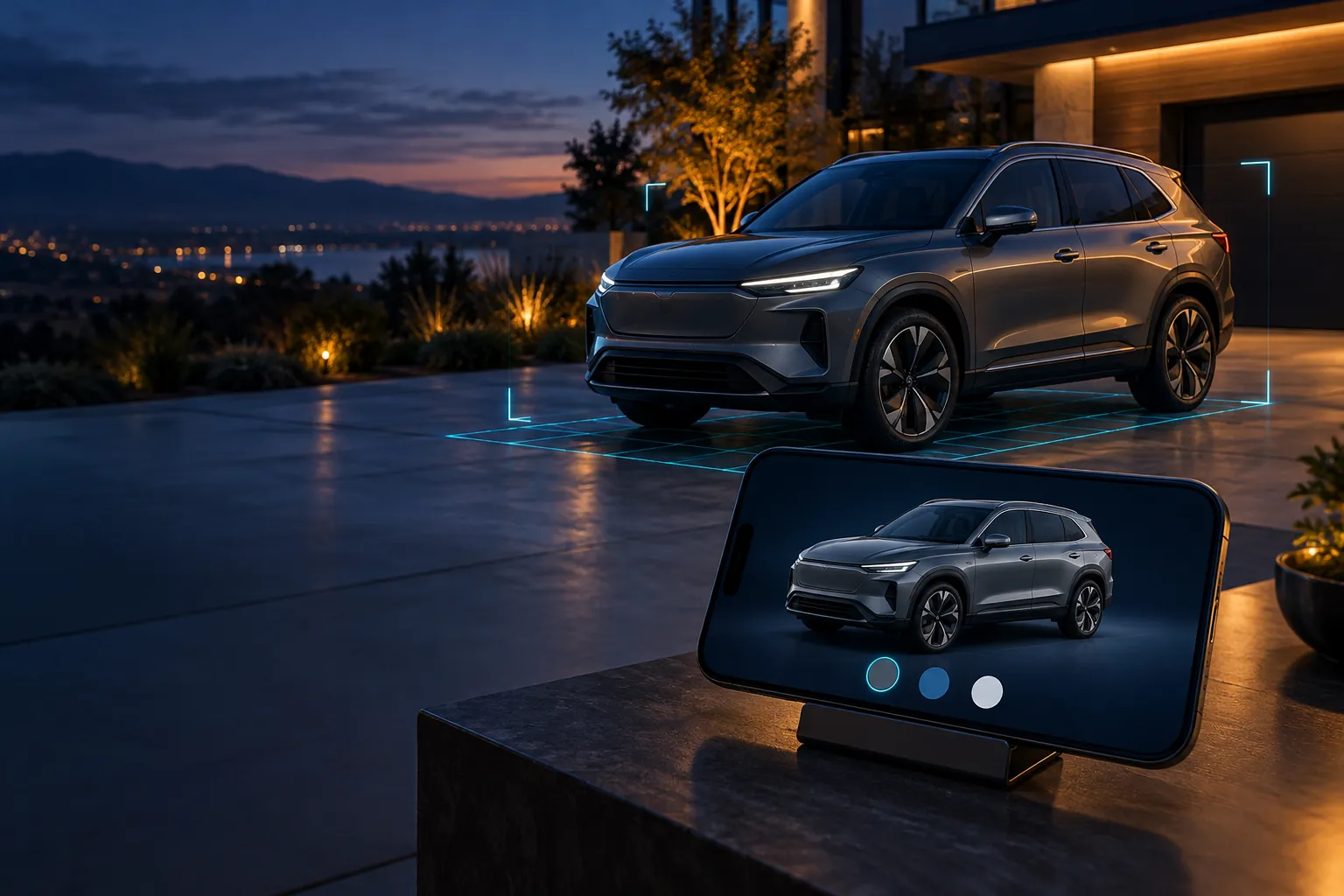 An SUV in graphite grey, on a driveway and on a phone configurator