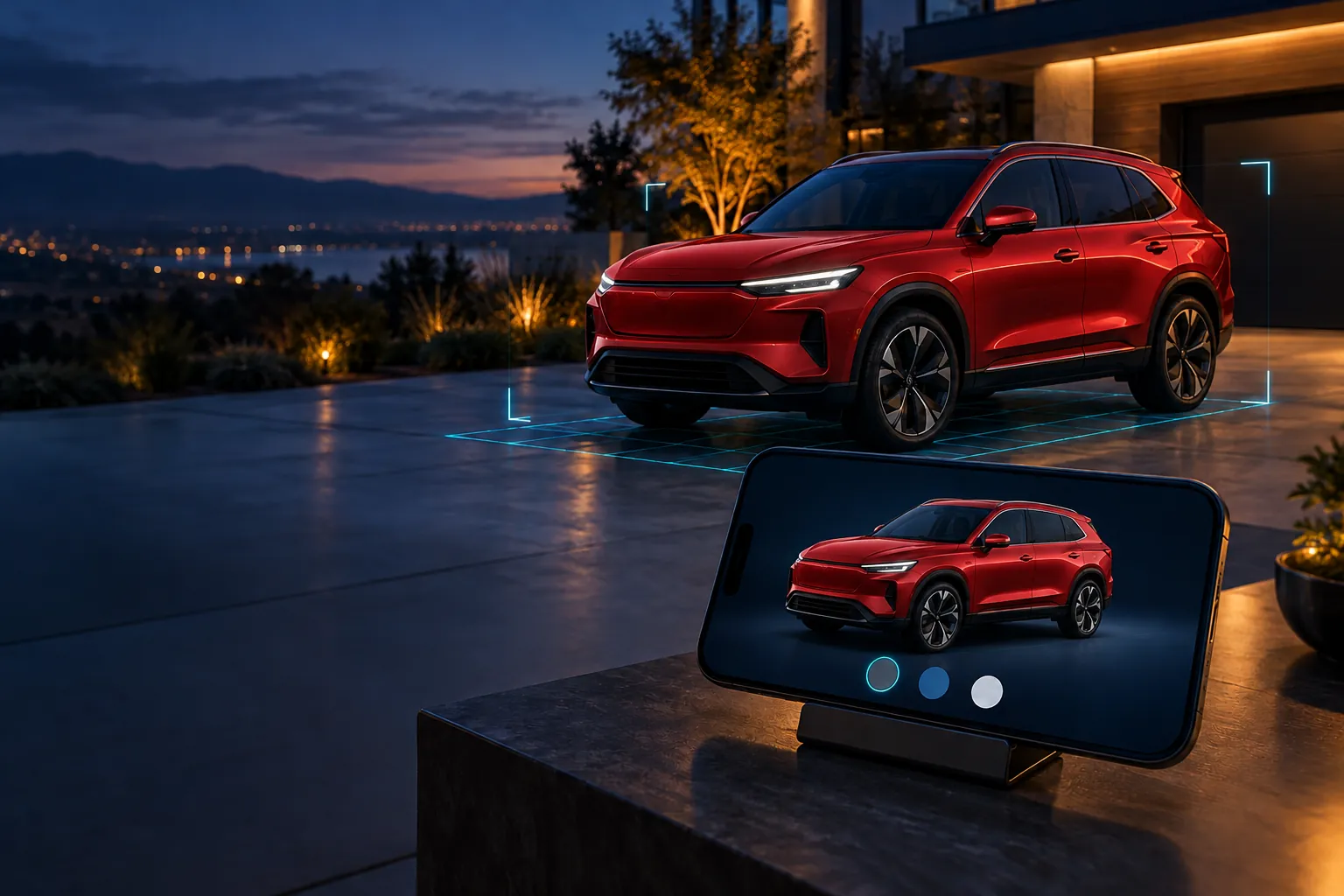 An SUV in signal red, on a driveway and on a phone configurator