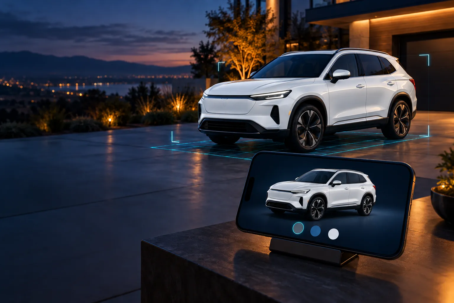 An SUV in pearl white, on a driveway and on a phone configurator