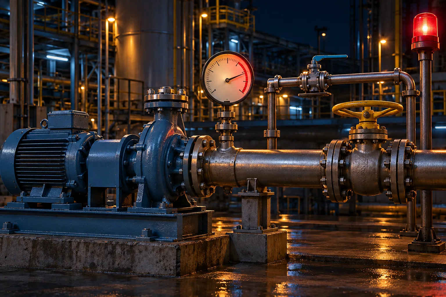 A pump skid with its discharge pressure gauge in the red, a bypass line and an isolation valve
