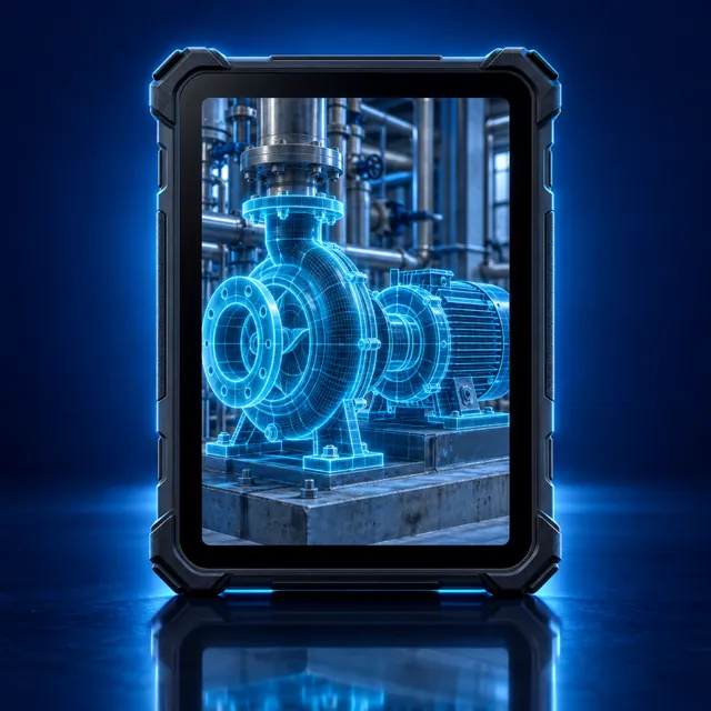 A rugged AR tablet showing a wireframe over machinery