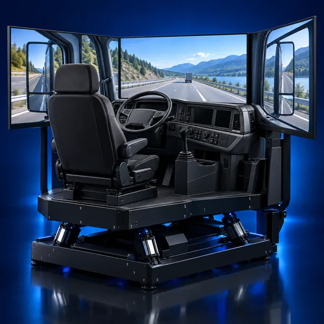 A driving simulator rig with three screens