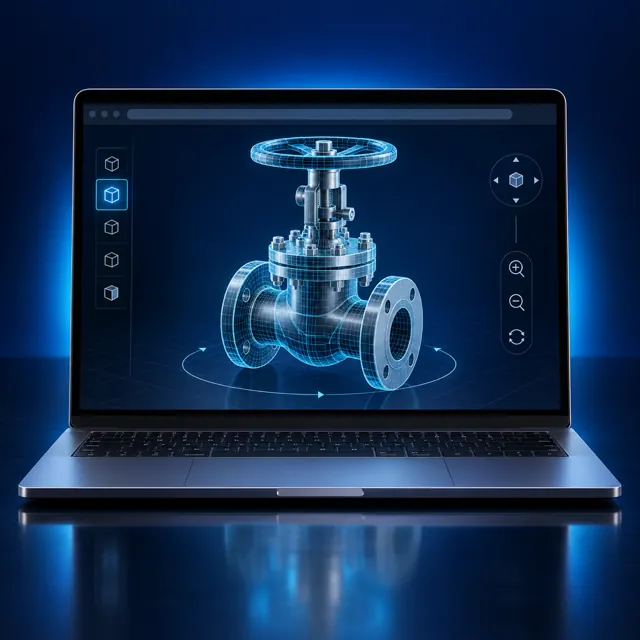 A laptop showing an interactive 3D valve model