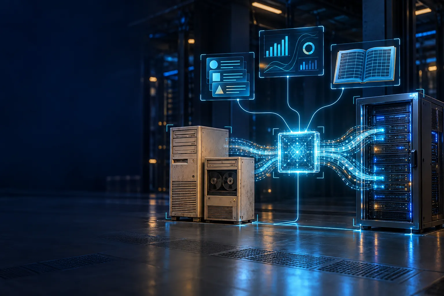 A legacy server connected through an integration hub to a modern server rack and business applications